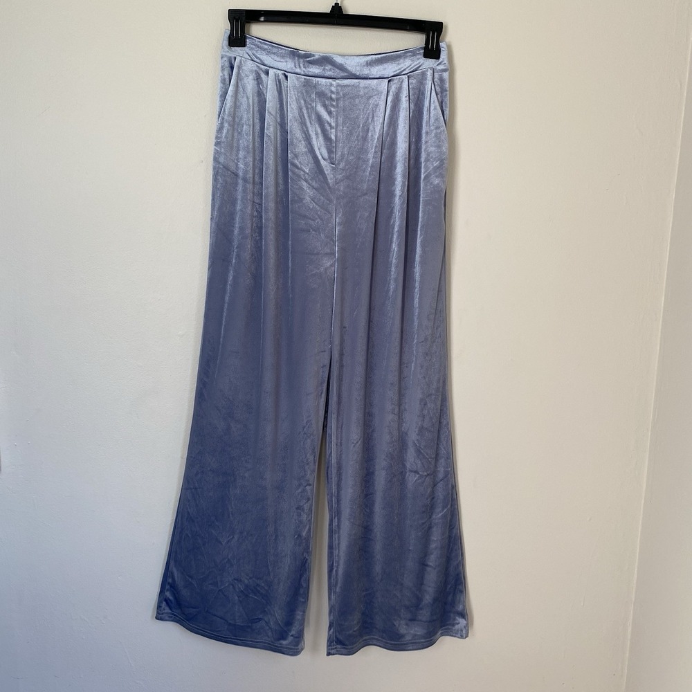 Christian Lacroix Women's Sz M Velvet Wide Leg Pants Icy Blue Pleated Pull On